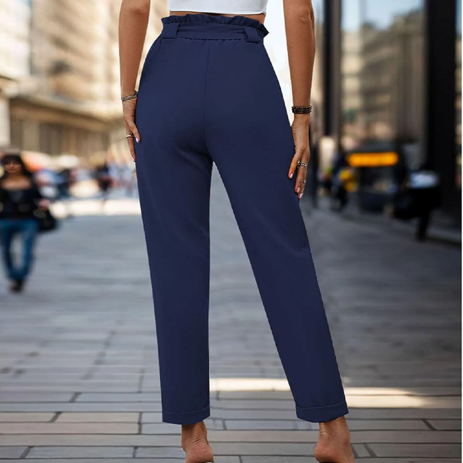 Tummy Control Work Pants for Women Business Casual Pants Drawstring Pants Relaxed Straight Trousers High Waist Pants