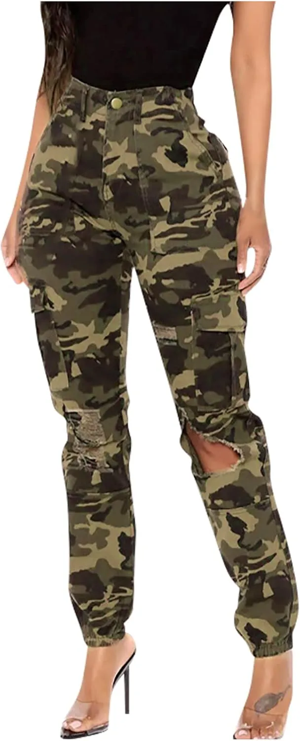 Women Parachute Camo Cargo Pants Trendy Y2K Teen Girls High Elastic Waist Relaxed Fit Casual Pants Streetwear Trousers