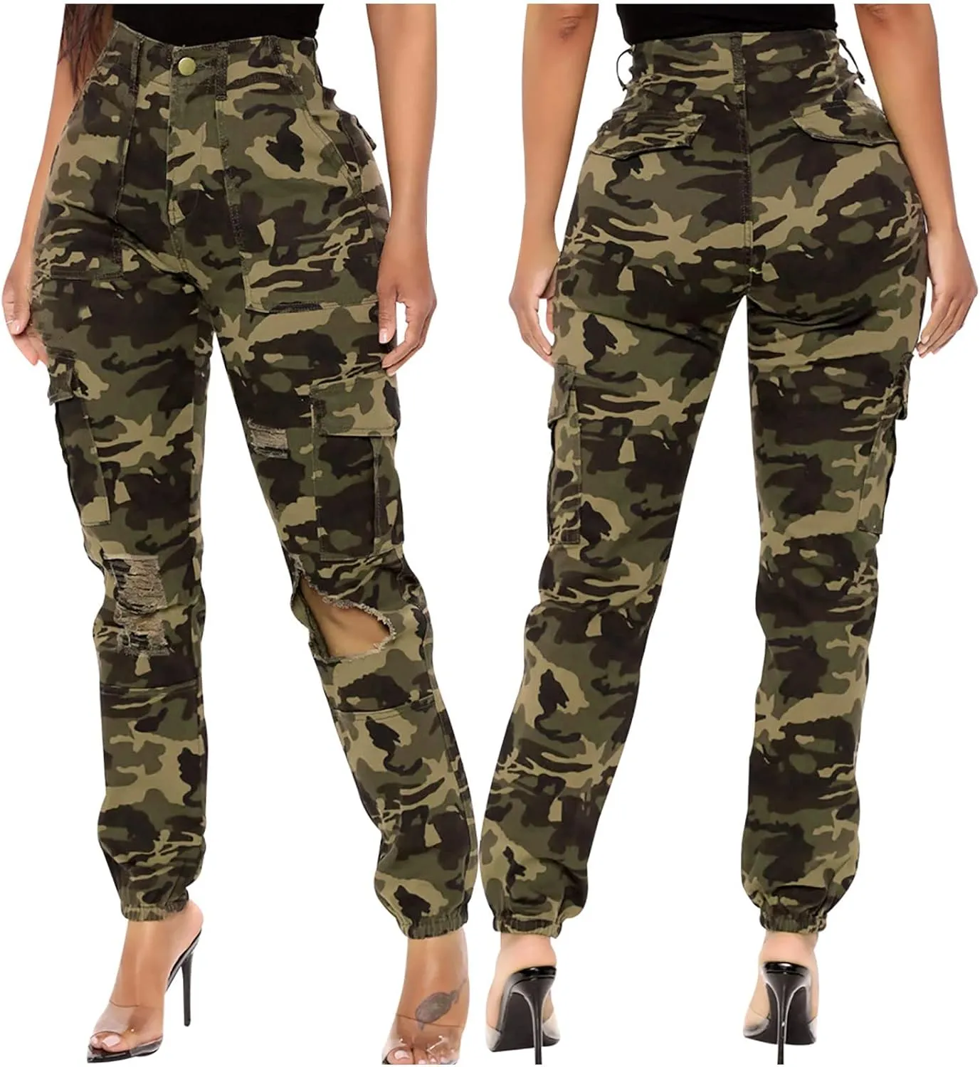 Women Parachute Camo Cargo Pants Trendy Y2K Teen Girls High Elastic Waist Relaxed Fit Casual Pants Streetwear Trousers