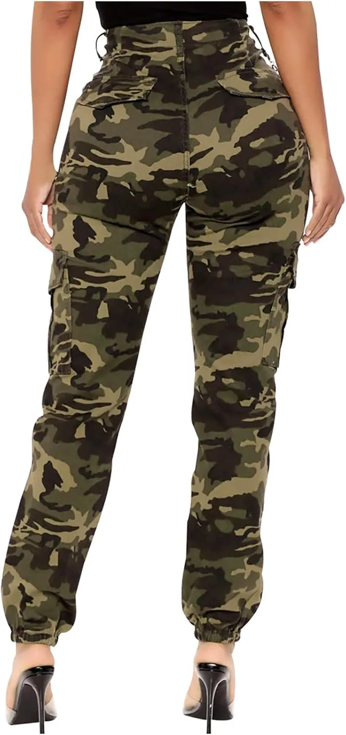 Women Parachute Camo Cargo Pants Trendy Y2K Teen Girls High Elastic Waist Relaxed Fit Casual Pants Streetwear Trousers