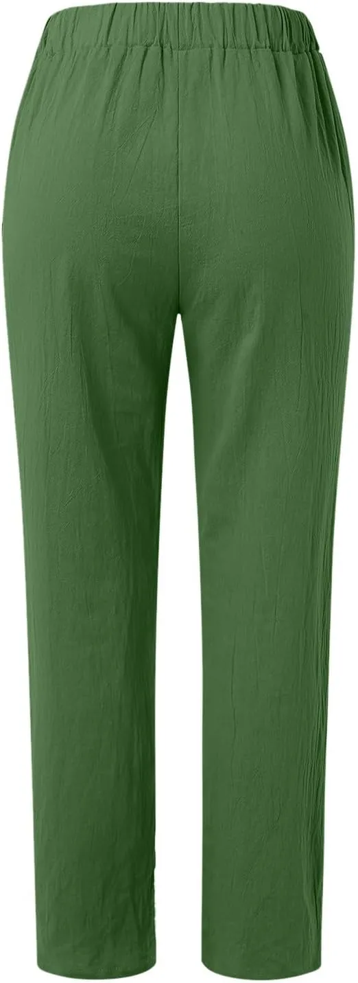 Womens Linen Summer Fashion Pants Elastic Waisted Wide Leg Slim Fit Trousers Trendy