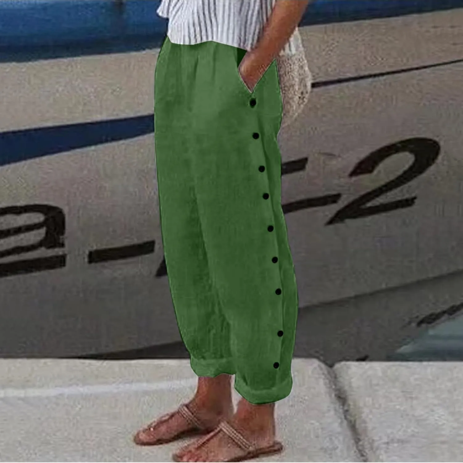 Womens Linen Summer Fashion Pants Elastic Waisted Wide Leg Slim Fit Trousers Trendy