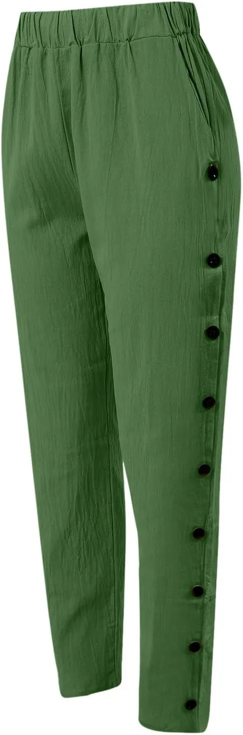 Womens Linen Summer Fashion Pants Elastic Waisted Wide Leg Slim Fit Trousers Trendy