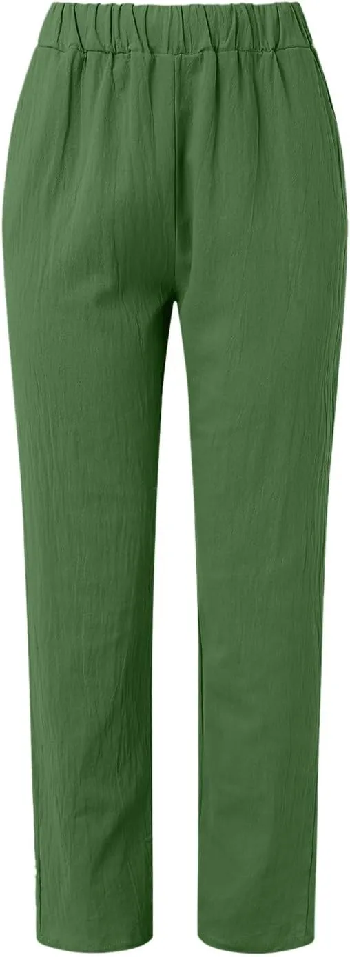 Womens Linen Summer Fashion Pants Elastic Waisted Wide Leg Slim Fit Trousers Trendy