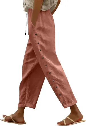 Women's Pants, Linen Straight Leg Peasant Pants Casual Relaxed Side Button Trendy