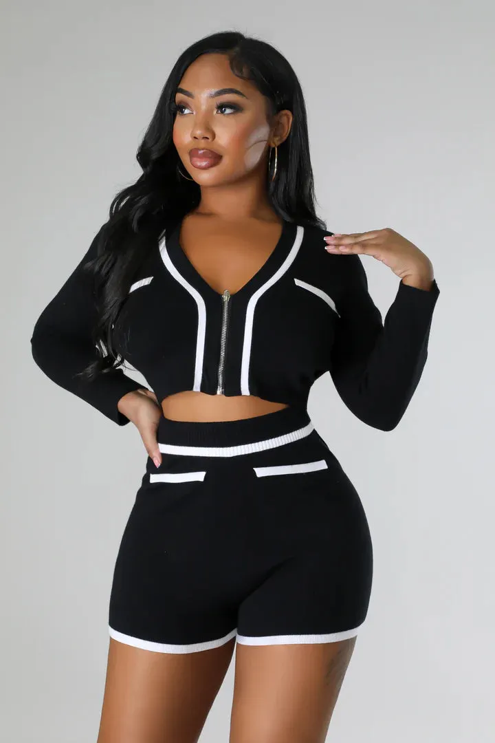 Women's Stylish High waisted Knit Long Sleeve Black Short Set