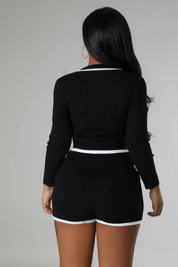 Women's Stylish High waisted Knit Long Sleeve Black Short Set