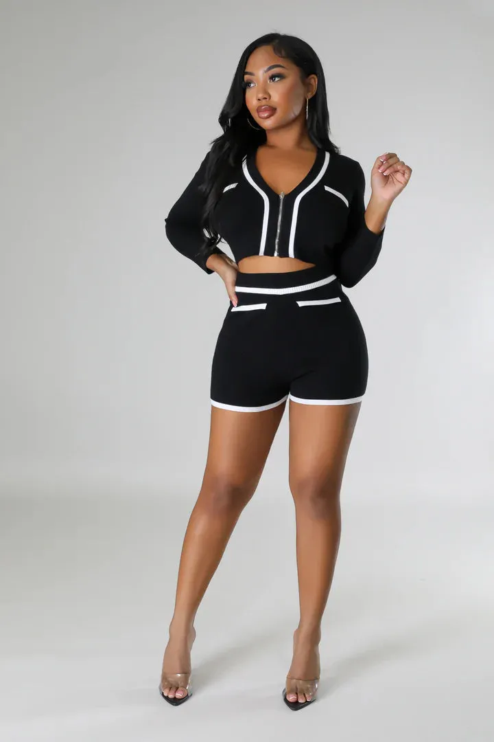 Women's Stylish High waisted Knit Long Sleeve Black Short Set