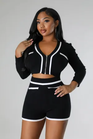 Women's Stylish High waisted Knit Long Sleeve Black Short Set