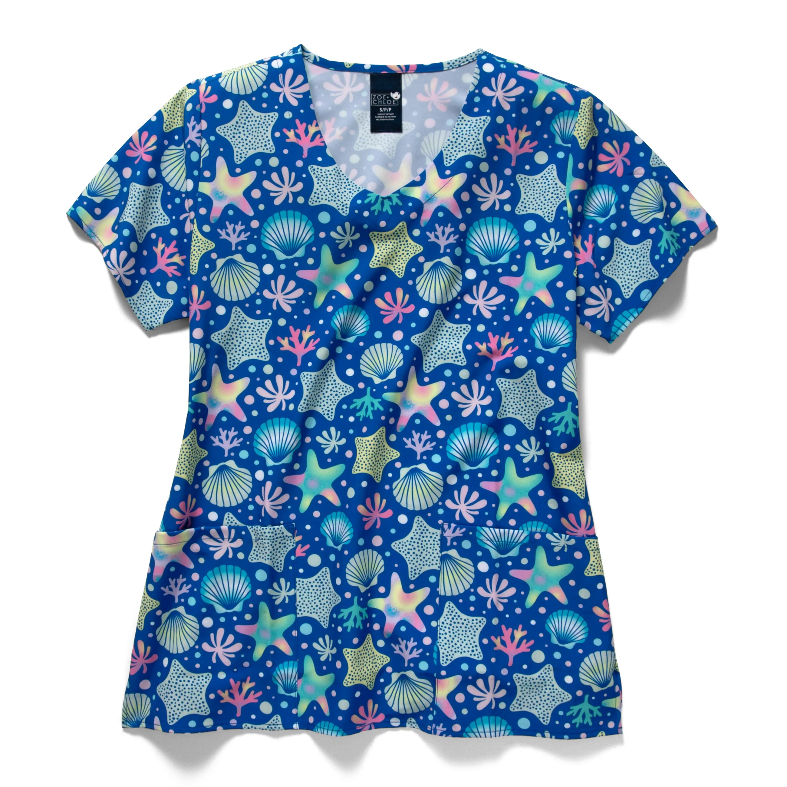Zoe Chloe Performance V-Neck Print Scrub Top - Starfish Wish